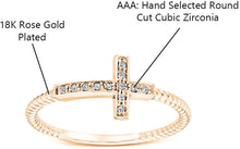 Load image into Gallery viewer, 18K Rose Gold Plated Round Cut Cubic Zirconia Sideways Cross Rope Band Ring Women&#39;s Girl&#39;s Religious Ring Comes with Gift Box
