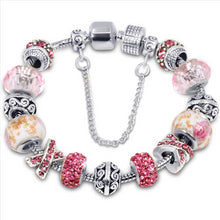 Load image into Gallery viewer, Silver Tone Charm Bracelet With Pink Crystal And Murano Glass Beads Snake Chain For Women &amp; Girls
