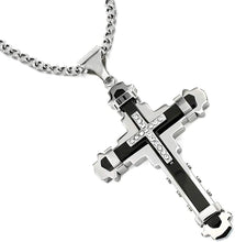 Load image into Gallery viewer, Stainless Steel Black &amp; Silver Color Cubic Zirconia Cross Pendant 24 inch Cuban Chain Necklace for Men
