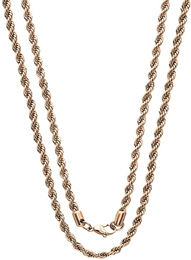 3mm Stainless Steel Rose Gold Color Rope Twist Necklace Chain for Men & Women Comes in 16-30 inches (16, 3mm)