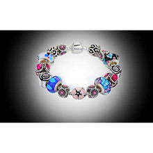 Load image into Gallery viewer, Silver Tone Charm Bracelet With Multicolor Pink Crystal And Murano Glass Beads Snake Chain For Women &amp; Girls
