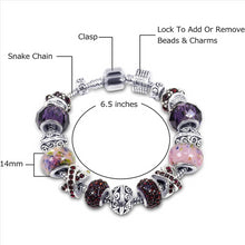 Load image into Gallery viewer, Silver Tone Charm Bracelet With Purple Crystal And Murano Glass Beads Snake Chain For Women &amp; Girls
